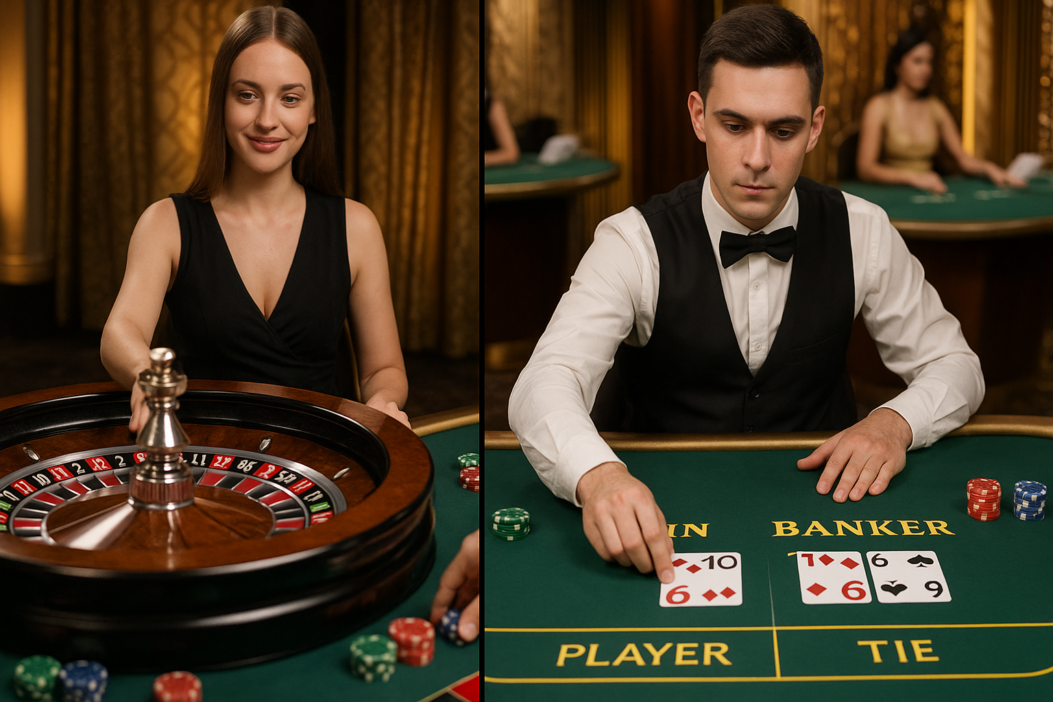 Multiple live casino games featuring roulette and baccarat with professional dealers